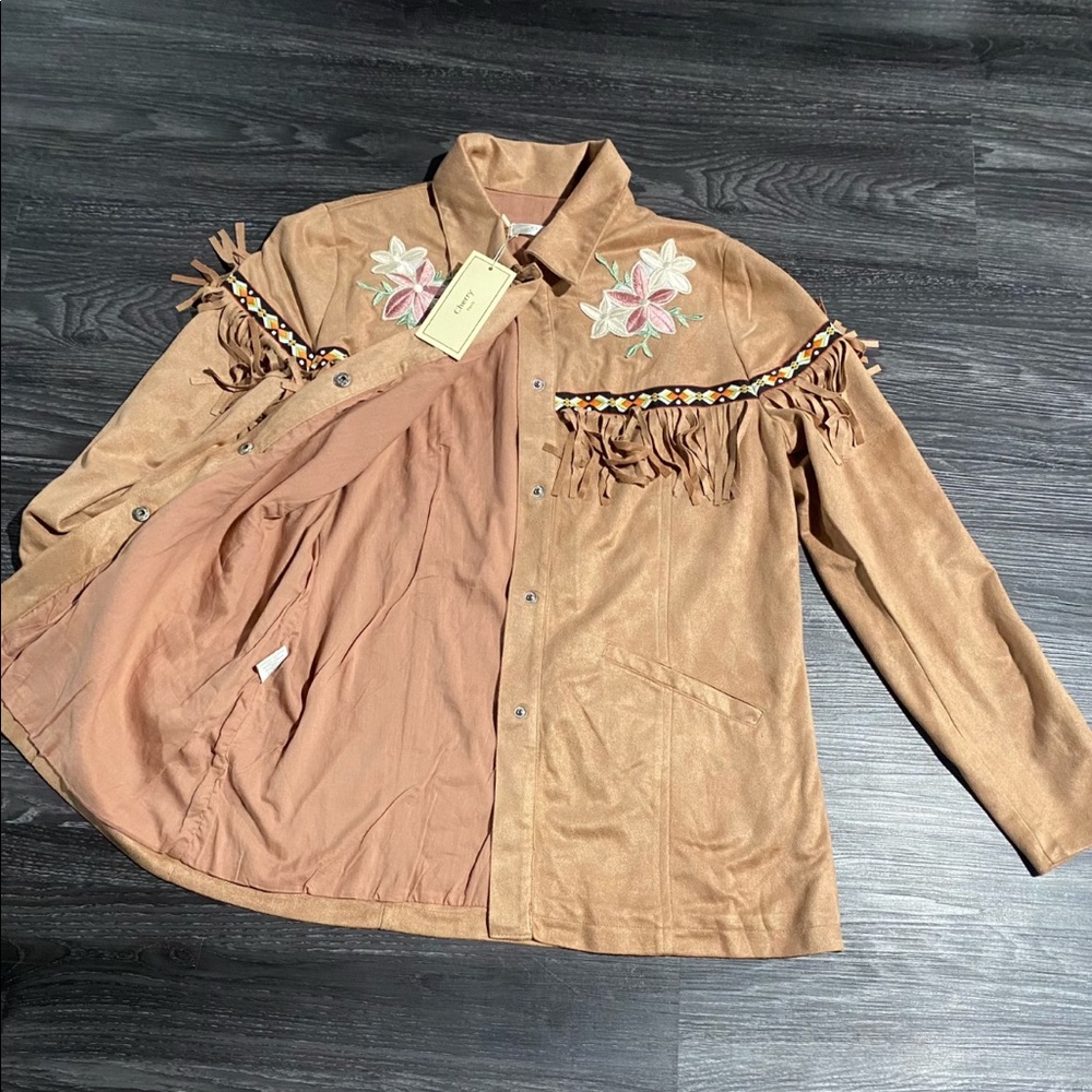 Cherry Paris Faux Suede Tassel Button Down Shirt